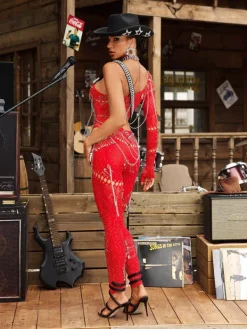 Jumpsuits & Romper|Embellishment*Embellishment Brynx One Shoulder Cutout Chain Jumpsuit In Red