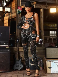 Jumpsuits & Romper|Embellishment*Embellishment Brynx One Shoulder Cutout Chain Jumpsuit In Black