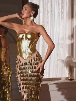 Embellishment|Dresses*Embellishment Buck Corset Acrylic Fringe Maxi Dress