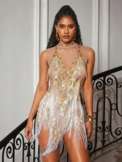 Bodysuits|Tops*Embellishment O/S Buggan Rhinestone Fringe Mesh Mini Dress In Gold