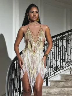Bodysuits|Tops*Embellishment O/S Buggan Rhinestone Fringe Mesh Mini Dress In Gold