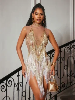 Bodysuits|Tops*Embellishment O/S Buggan Rhinestone Fringe Mesh Mini Dress In Gold