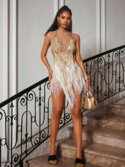 Bodysuits|Tops*Embellishment O/S Buggan Rhinestone Fringe Mesh Mini Dress In Gold