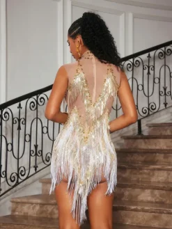 Bodysuits|Tops*Embellishment O/S Buggan Rhinestone Fringe Mesh Mini Dress In Gold