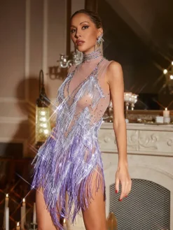 Dresses|Mini Dresses*Jiu Bajia O/S Buggan Rhinestone Fringe Mesh Mini Dress In Purple