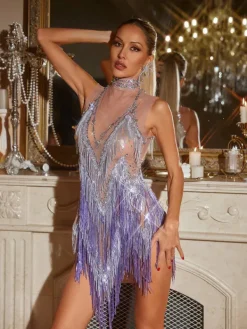 Dresses|Mini Dresses*Jiu Bajia O/S Buggan Rhinestone Fringe Mesh Mini Dress In Purple