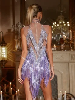 Dresses|Mini Dresses*Jiu Bajia O/S Buggan Rhinestone Fringe Mesh Mini Dress In Purple