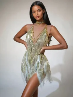 Dresses|Mini Dresses*Jiu Bajia O/S Buggan Rhinestone Fringe Mesh Mini Dress In Gold