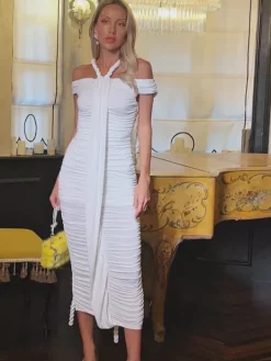 Dresses|Maxi Dresses*Mew Mews Fashion Caishen Off Shoulder Ruched Maxi Dress In White