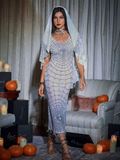 Dresses|Midi Dresses*Mew Mews Fashion Calyx Scoop Neck Cobweb Sequin Midi Dress In White