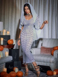 Dresses|Midi Dresses*Mew Mews Fashion Calyx Scoop Neck Cobweb Sequin Midi Dress In White