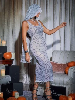 Dresses|Midi Dresses*Mew Mews Fashion Calyx Scoop Neck Cobweb Sequin Midi Dress In White