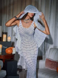 Dresses|Midi Dresses*Mew Mews Fashion Calyx Scoop Neck Cobweb Sequin Midi Dress In White