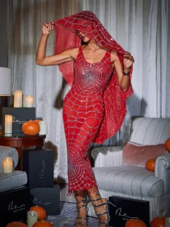 Dresses|Midi Dresses*Mew Mews Fashion Calyx Scoop Neck Cobweb Sequin Midi Dress In Red