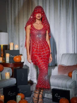 Dresses|Midi Dresses*Mew Mews Fashion Calyx Scoop Neck Cobweb Sequin Midi Dress In Red