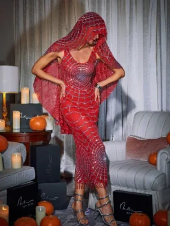 Dresses|Midi Dresses*Mew Mews Fashion Calyx Scoop Neck Cobweb Sequin Midi Dress In Red