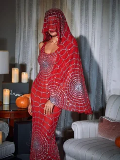 Dresses|Midi Dresses*Mew Mews Fashion Calyx Scoop Neck Cobweb Sequin Midi Dress In Red