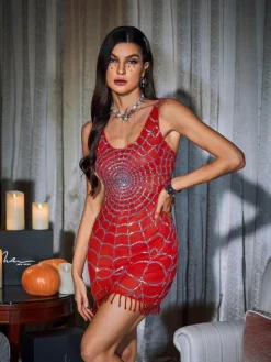 Dresses|Mini Dresses*Mew Mews Fashion Calyx Scoop Neck Cobweb Sequin Mini Dress In Red