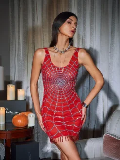 Dresses|Mini Dresses*Mew Mews Fashion Calyx Scoop Neck Cobweb Sequin Mini Dress In Red