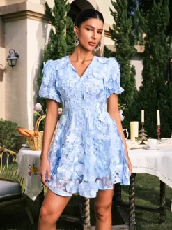 Mini Dresses|Dresses*Mew Mews Fashion Camo V Neck Flower Embroidered Mini Dress In Blue