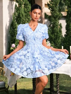 Mini Dresses|Dresses*Mew Mews Fashion Camo V Neck Flower Embroidered Mini Dress In Blue