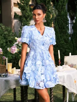 Mini Dresses|Dresses*Mew Mews Fashion Camo V Neck Flower Embroidered Mini Dress In Blue