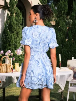 Mini Dresses|Dresses*Mew Mews Fashion Camo V Neck Flower Embroidered Mini Dress In Blue