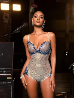 Bodysuits|Tops*Nuo Fansi Carmindy Spaghetti Seashell Rhinestone Bodysuit