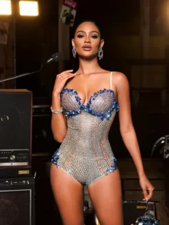 Bodysuits|Tops*Nuo Fansi Carmindy Spaghetti Seashell Rhinestone Bodysuit