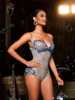 Bodysuits|Tops*Nuo Fansi Carmindy Spaghetti Seashell Rhinestone Bodysuit