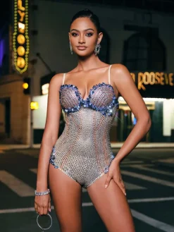Bodysuits|Tops*Nuo Fansi Carmindy Spaghetti Seashell Rhinestone Bodysuit