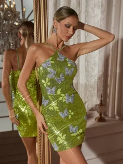 Embellishment|Dresses*Lu Yili Carolynne Butterfly Rhinestone Sequin Mini Dress