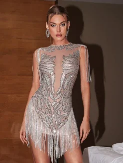 Embellishment|Dresses*Embellishment O/S Cassiopeia Crystal Chain Fringe Mini Dress In Light Nude