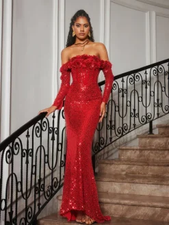 Embellishment|Dresses*Lu Yili Catherynne Off Shoulder Flower Sequin Maxi Dress