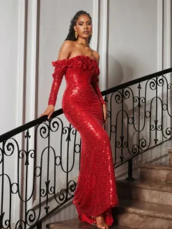 Embellishment|Dresses*Lu Yili Catherynne Off Shoulder Flower Sequin Maxi Dress