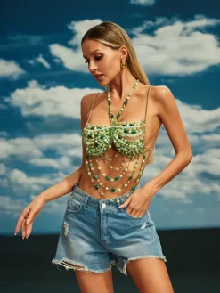 Beaded Wear|Tops*Mew Mews Fashion O/S Catlin Gemstone Beaded Bralette In Green