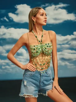 Beaded Wear|Tops*Mew Mews Fashion O/S Catlin Gemstone Beaded Bralette In Green