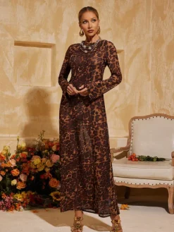 Dresses|Maxi Dresses*Mew Mews Fashion Cecily Long Sleeve Leopard Maxi Dress In Brown