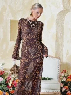 Dresses|Maxi Dresses*Mew Mews Fashion Cecily Long Sleeve Leopard Maxi Dress In Brown