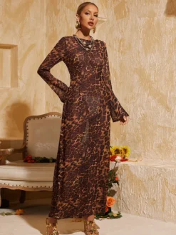 Dresses|Maxi Dresses*Mew Mews Fashion Cecily Long Sleeve Leopard Maxi Dress In Brown