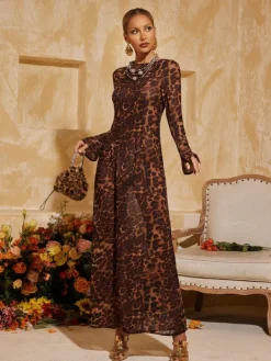 Dresses|Maxi Dresses*Mew Mews Fashion Cecily Long Sleeve Leopard Maxi Dress In Brown