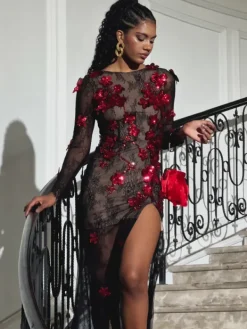 Embellishment|Dresses*Lu Yili Celleen Long Sleeve Flower Lace Maxi Dress