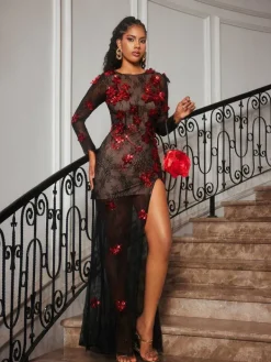 Embellishment|Dresses*Lu Yili Celleen Long Sleeve Flower Lace Maxi Dress