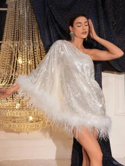 Dresses*Mew Mews Fashion Ceridwen One Shoulder Feather Sequin Mini Dress