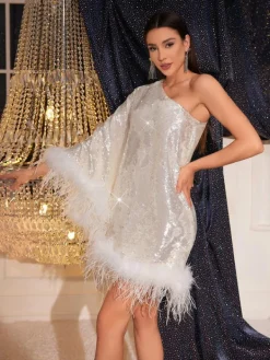 Dresses*Mew Mews Fashion Ceridwen One Shoulder Feather Sequin Mini Dress