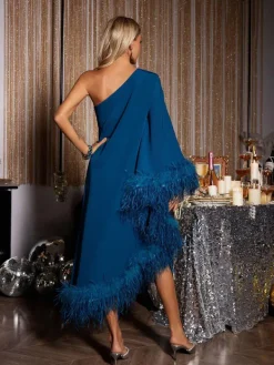Dresses*Mew Mews Fashion Ceridwen One Shoulder Feather Trimmed Midi Dress In Dark Blue