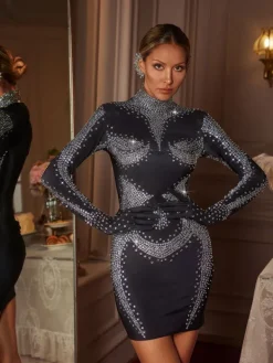Embellishment|Dresses*Embellishment Ceyla Long Sleeve Rhinestone Embellished Mini Dress