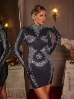 Embellishment|Dresses*Embellishment Ceyla Long Sleeve Rhinestone Embellished Mini Dress