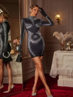 Embellishment|Dresses*Embellishment Ceyla Long Sleeve Rhinestone Embellished Mini Dress