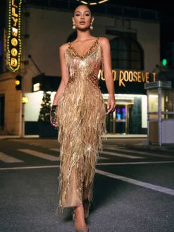 Jumpsuits & Romper|Embellishment*Nuo Fansi Charnita V Neck Rhinestone Fringe Jumpsuit